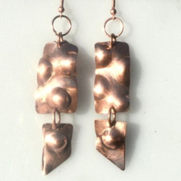 Long Dimple Shield Dangle Copper Earrings Rustic - Picture 2 of 4
